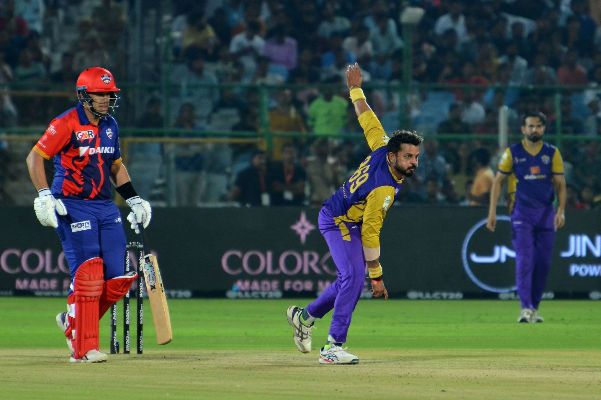 Bhilwara Kings bowler S. Sreesanth in action during the Legends League Cricket T20 final match against India Capitals.