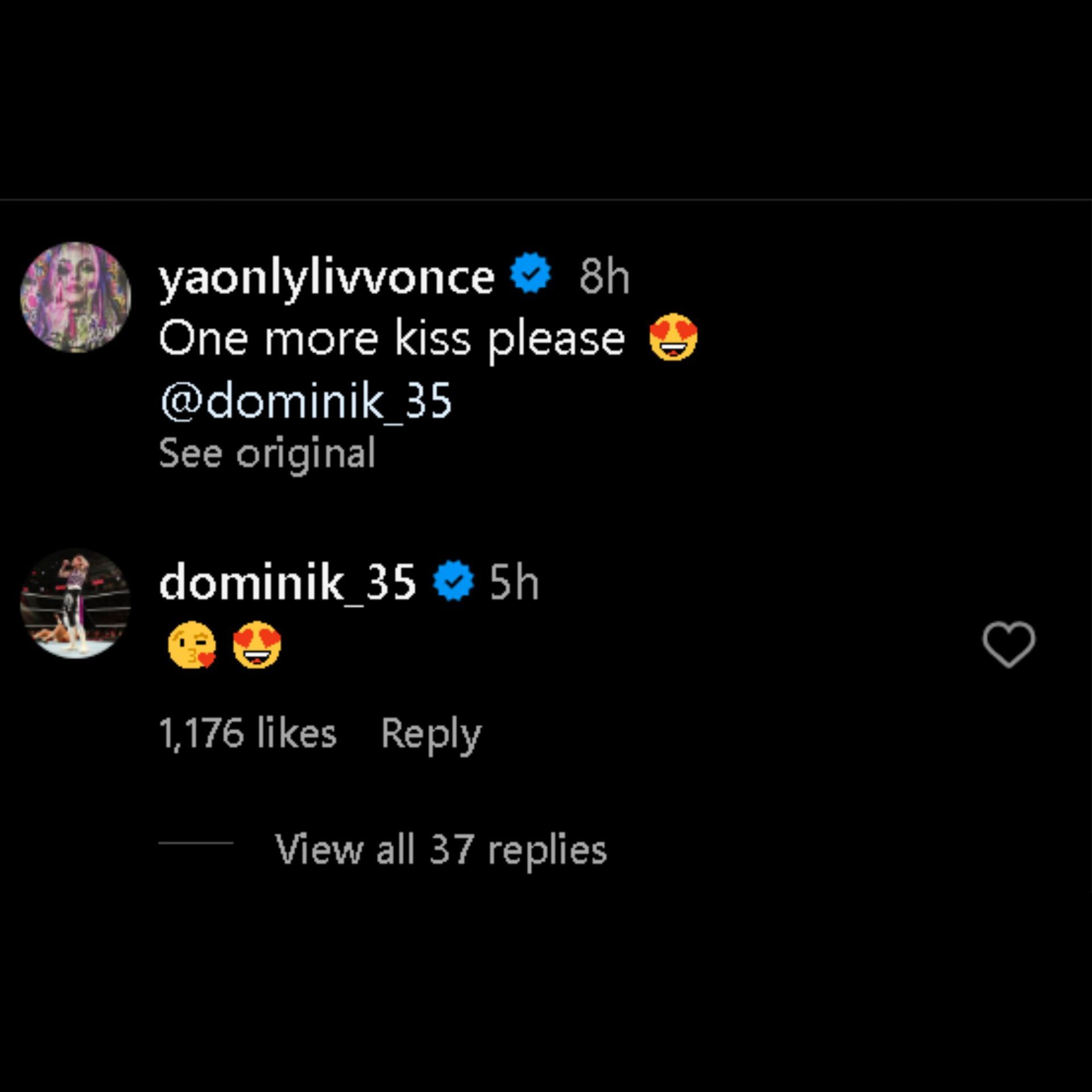 Screengrab of Dominik Mysterio&#039;s comment on Liv Morgan&#039;s post.