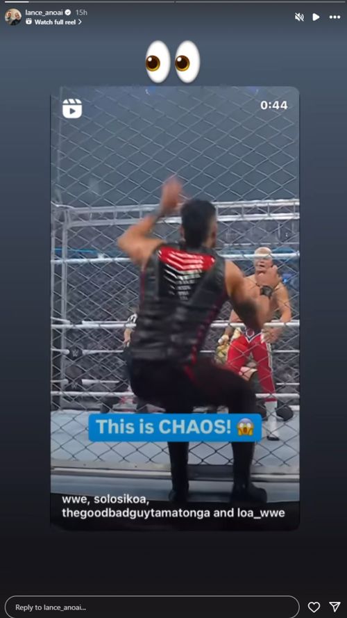 Lance Anoa'i reacts to The Bloodline's post-match attack on Cody Rhodes before Roman Reigns' return. (Photo: Screengrab from Lance's Instagram story)