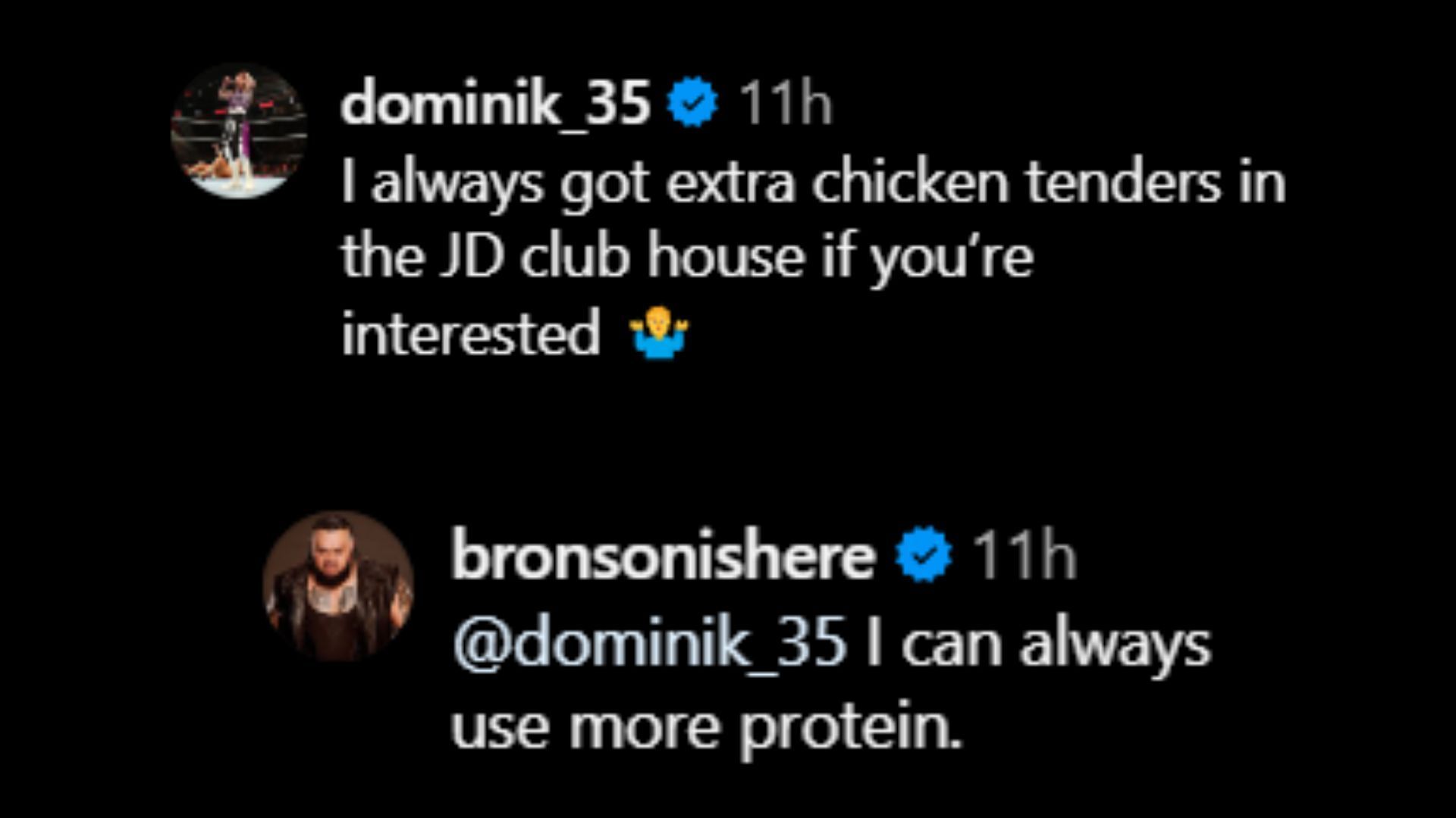 Screenshots of Dominik Mysterio and Bronson Reed&#039;s comments [Image credits: Reed&#039;s Instagram]