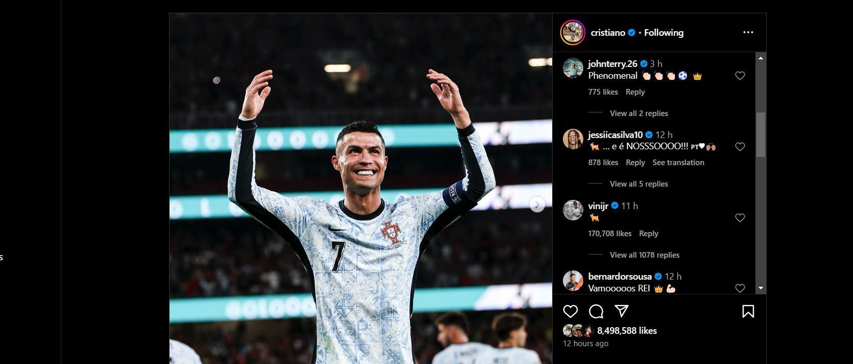 Screenshot of/ John Terry commenting on Cristiano Ronaldo&#039;s Instagram post