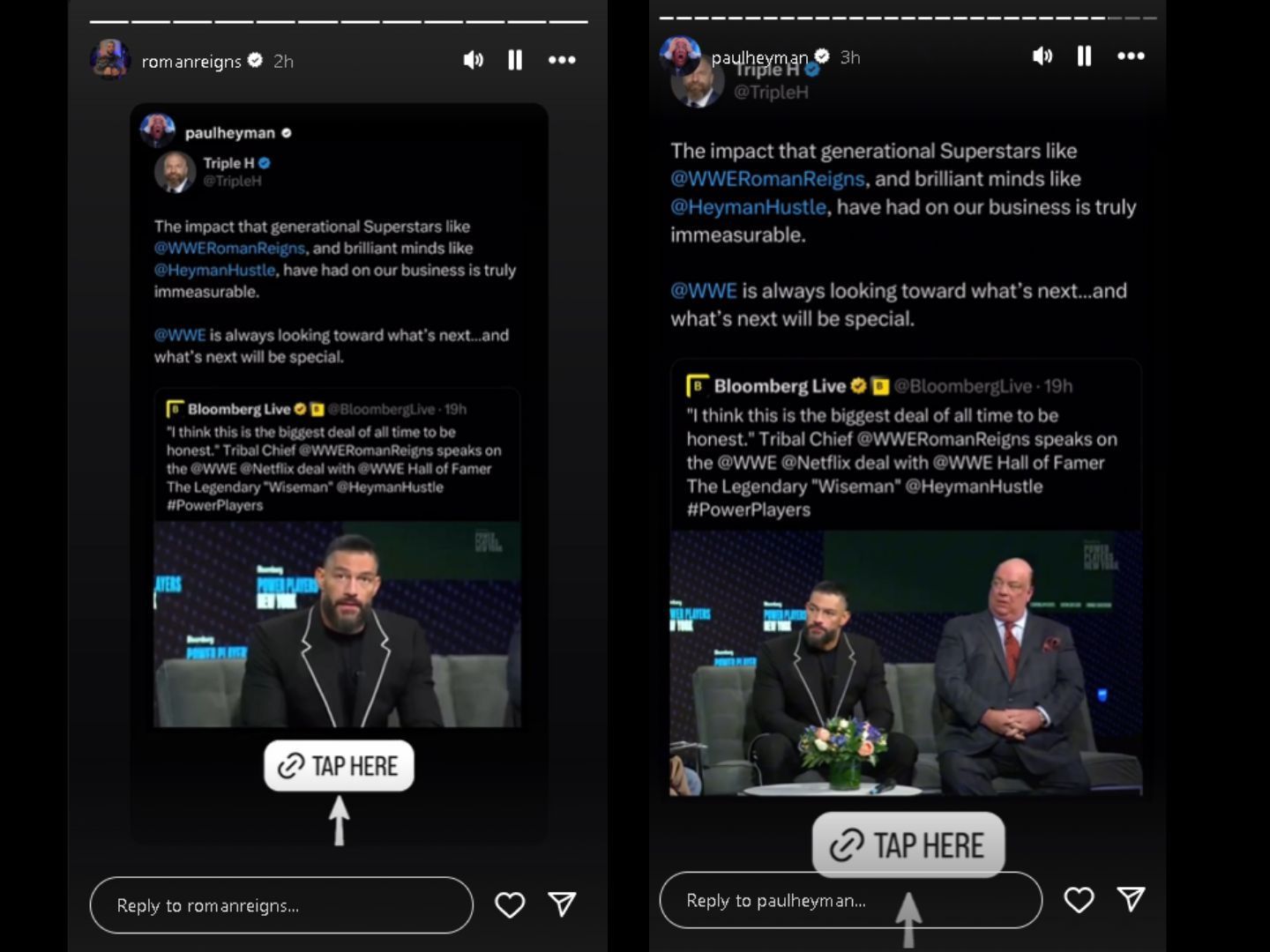 Roman Reigns and Paul Heyman&#039;s Instagram Stories.