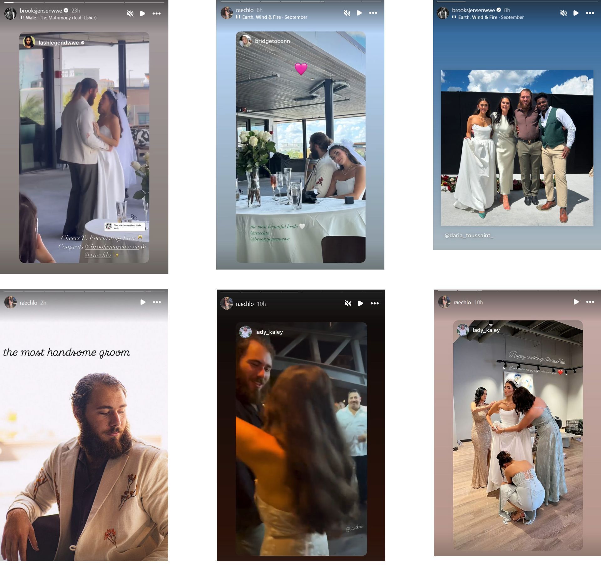 Screenshots of Brooks Jensen&#039;s wedding on Instagram Stories (Photo Credits: raechlo and brooksjensenwwe on Instagram)