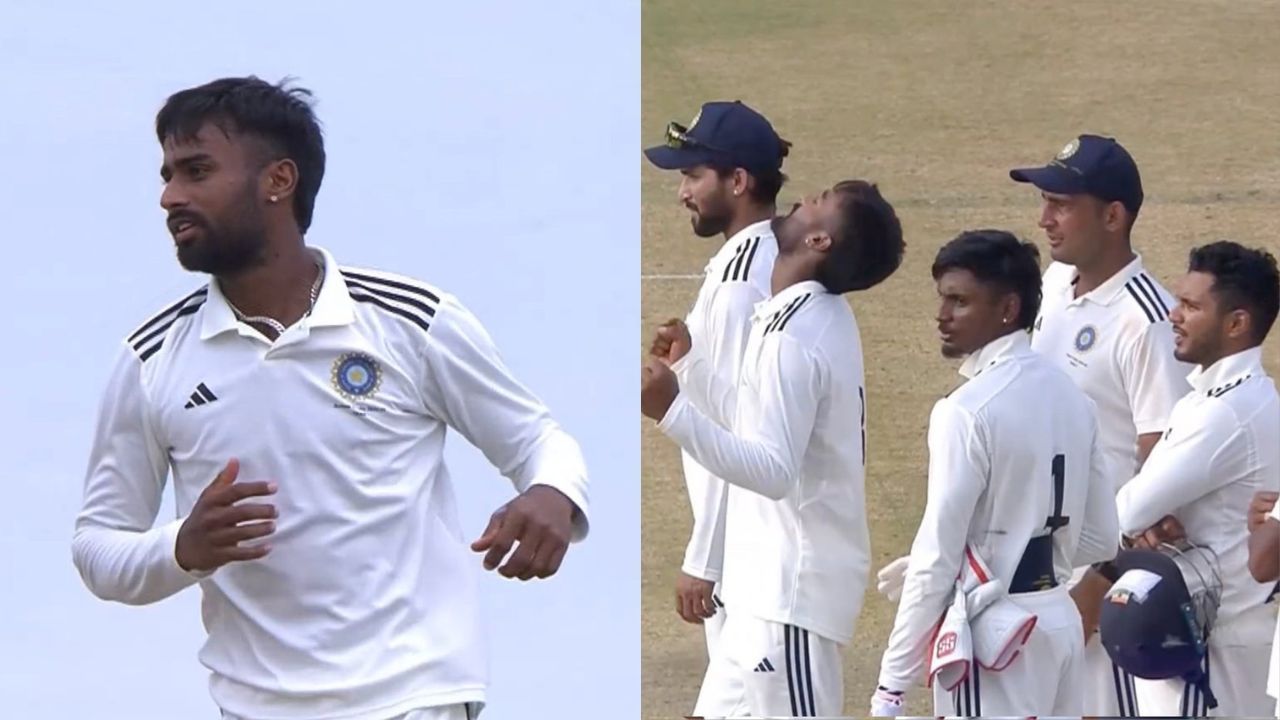 manav suthar takes 7 wickets with 7 maiden over in duleep trophy 2024 india c vs india d