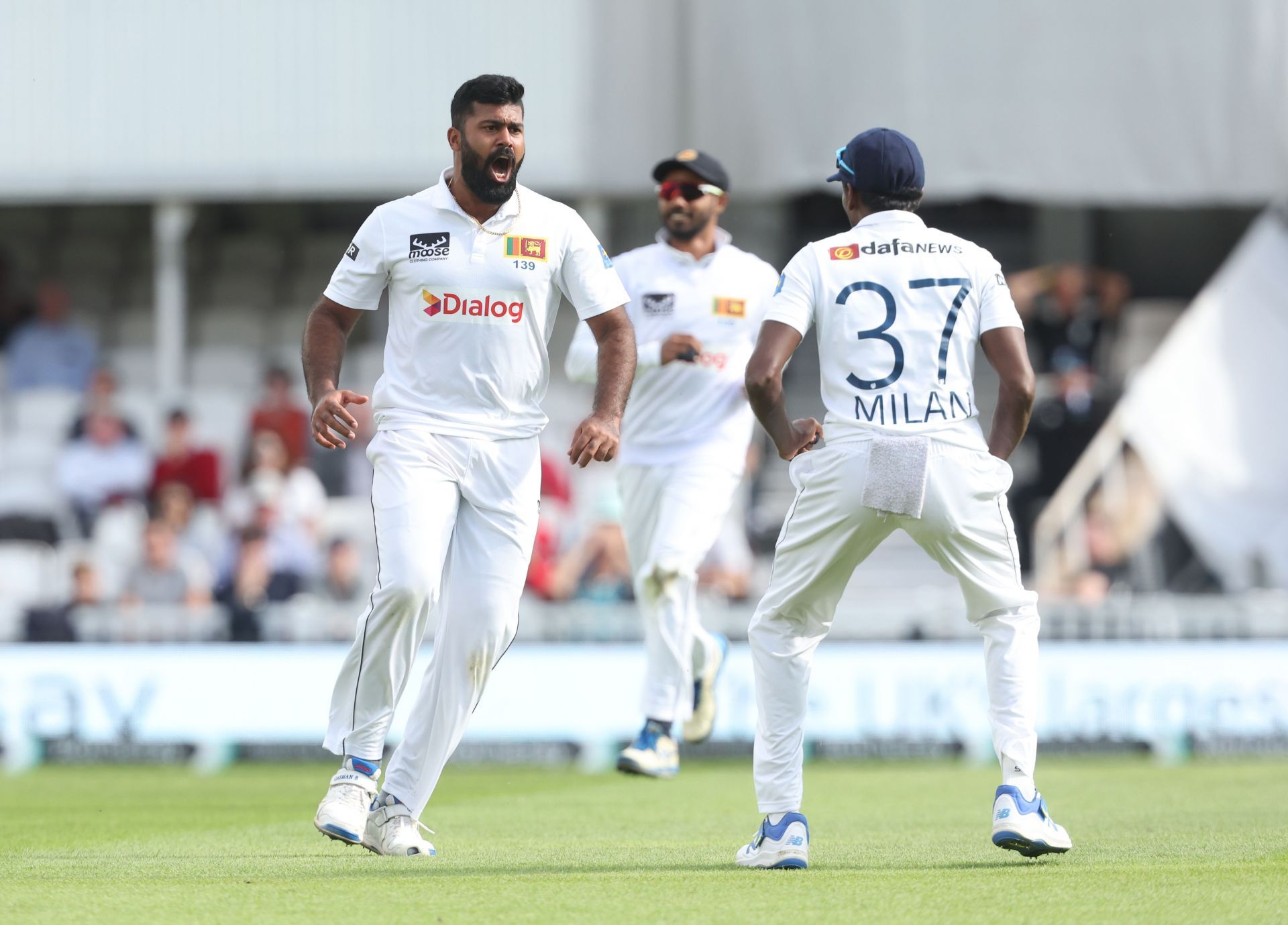 Lahiru Kumara celebrates Chris Woakes&#039; wicket. (Credits: Getty)