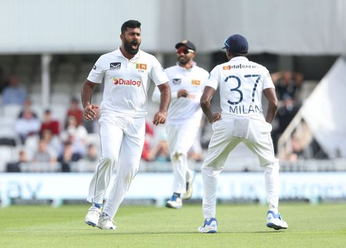 Lahiru Kumara celebrates Chris Woakes' wicket. (Credits: Getty)