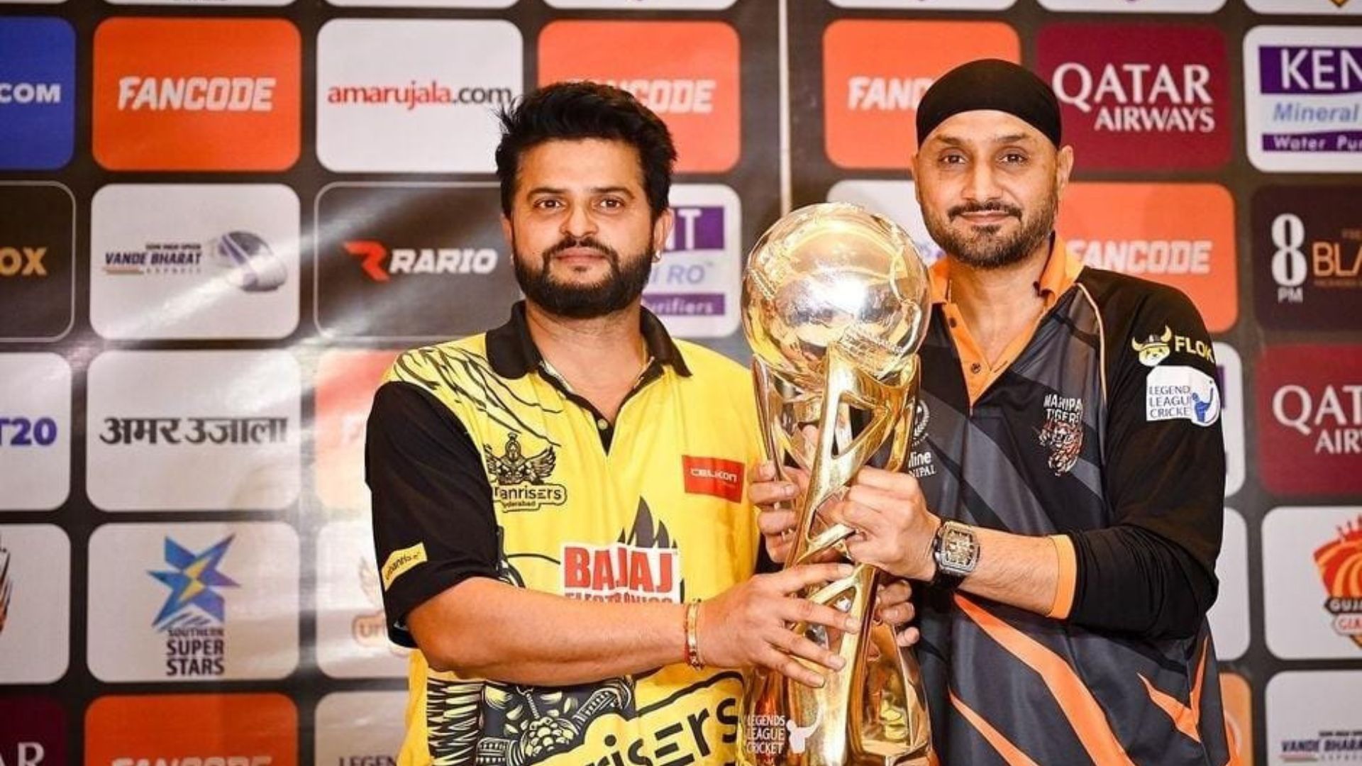 Suresh Raina and Harbhajan Singh pose with the LCC 2023 trophy (Image Credits: LLC/IG)