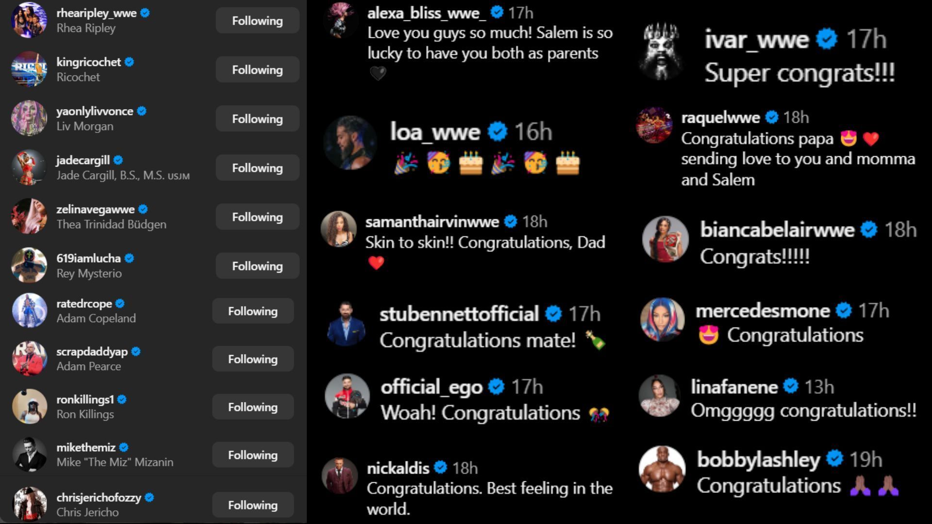 Screenshot of stars&#039; likes and comments on Mike Rome&#039;s emotional personal update (Credit: Mike Rome&#039;s Instagram Post)