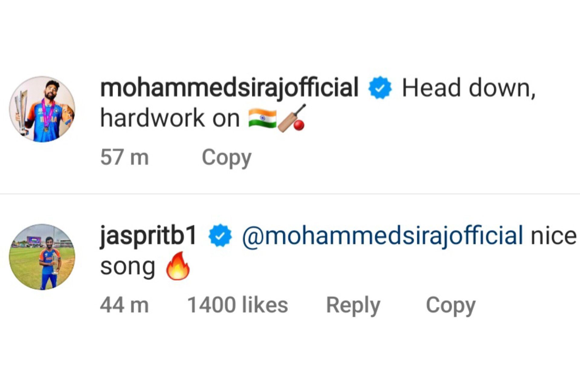 Bumrah&#039;s comment on Mohammed Siraj&#039;s latest Instagram post (Image via Instagram/@mohammedsirajofficial)