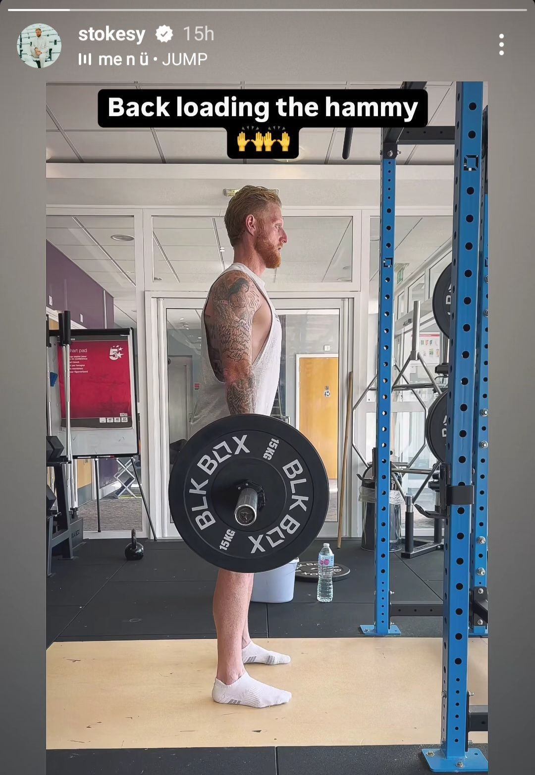 Stokes hits the gym as he recovers from a hamstring injury (Image via Instagram@stokesy)