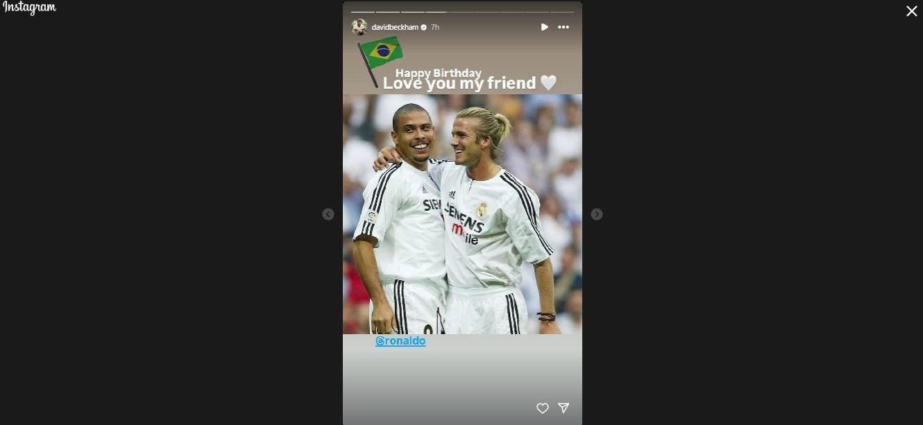 A screenshot of David Beckham&#039;s story wishing Ronaldo (via David Beckham&#039;s Instagram)