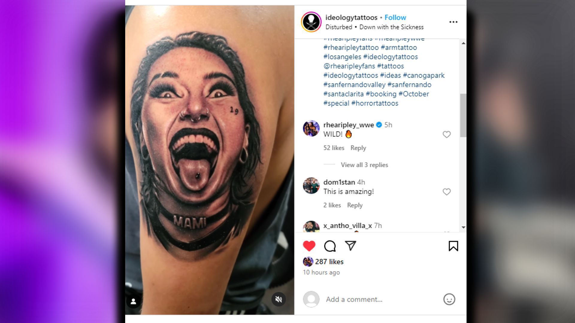 Rhea Ripley commented on the post!  [Screengrab via Ideology Tattoos&#039; IG]