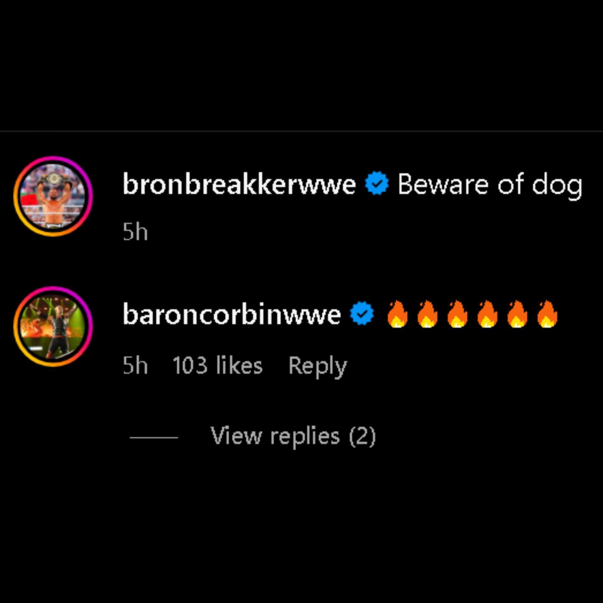 Screengrab of Corbin&#039;s comment on Breakker&#039;s Instagram post