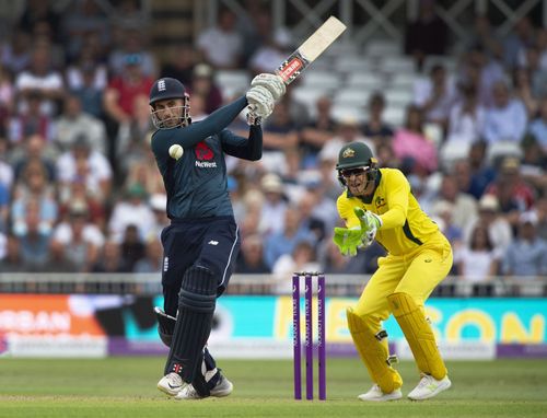 Alex Hales of England batting with Tim Paine of Australia keeping wicket during the 3rd Royal London ODI match between England and Australia at Trent Bridge on June 19, 2018 in Nottingham, England.