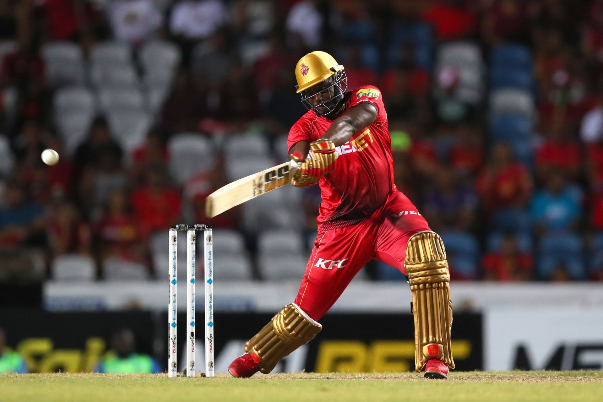 Andre Russell plays a powerful stroke during the 2023 CPL. Source: Getty