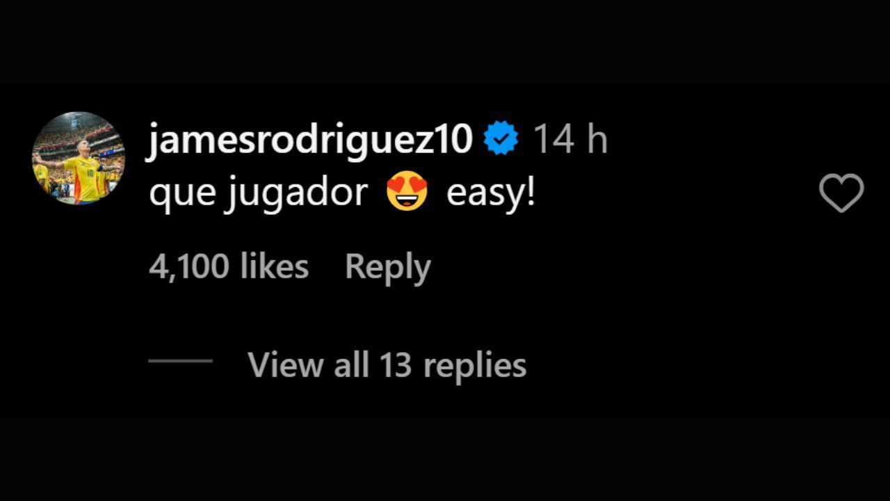 James Rodriguez comments on Luis Diaz&#039;s Instagram post (image via Instagram)