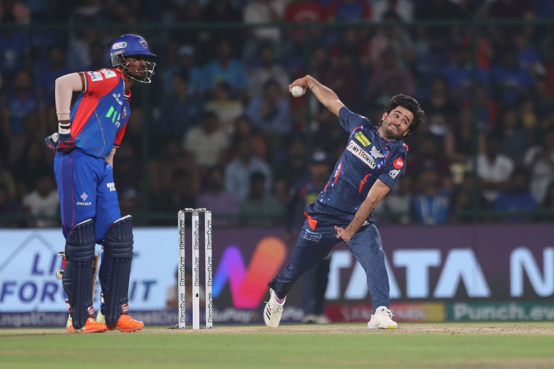 Ravi Bishnoi of Lucknow Super Giants delivers a ball during the 2024 Indian Premier League match between Delhi Capitals and Lucknow Super Giants.