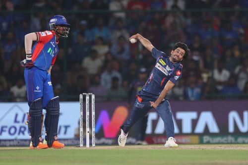 Ravi Bishnoi of Lucknow Super Giants delivers a ball during the 2024 Indian Premier League match between Delhi Capitals and Lucknow Super Giants.