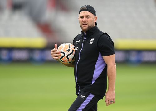 Brendon McCullum of England looks on during a training session.