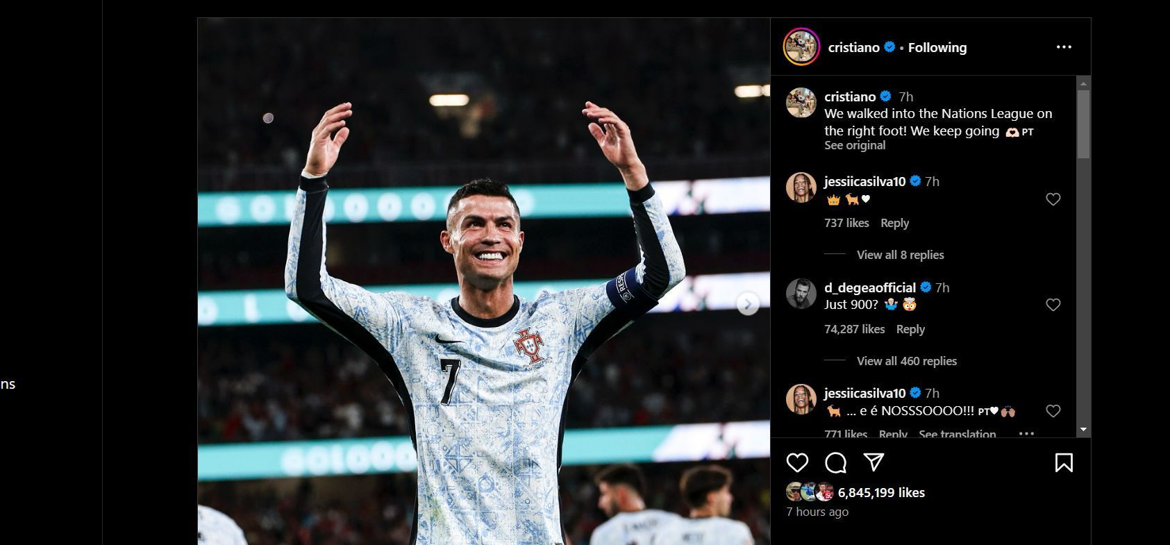 Screenshot of David de Gea commenting on Cristiano Ronaldo&#039;s Instagram post