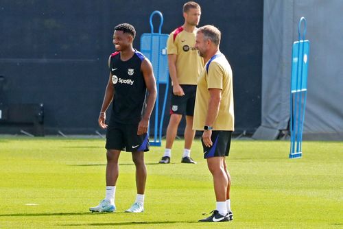 Ansu Fati in training with Hansi Flick during pre-season (Image - Getty) 