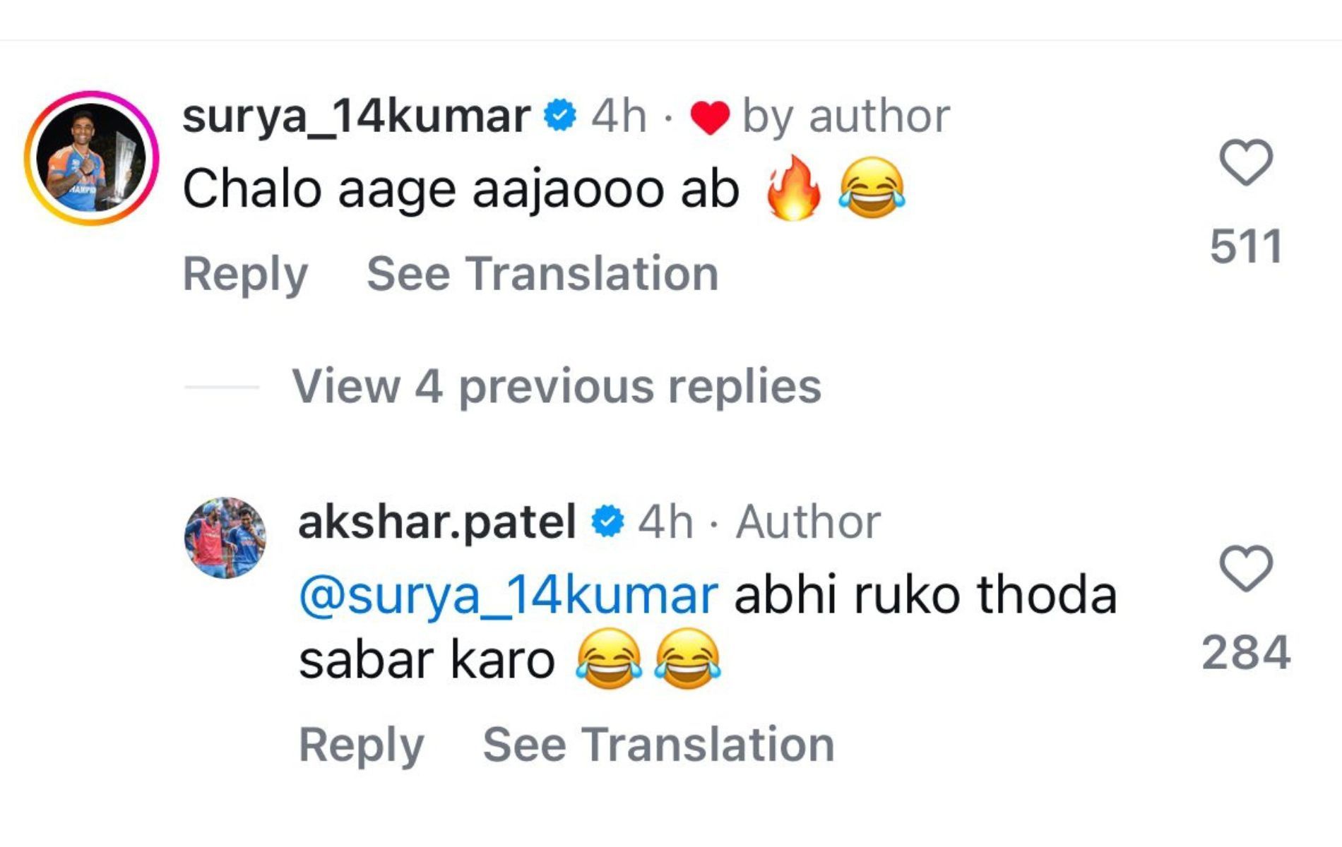 Screenshot of Suryakumar and Axar&#039;s comments. (Image Credit: Instagram)