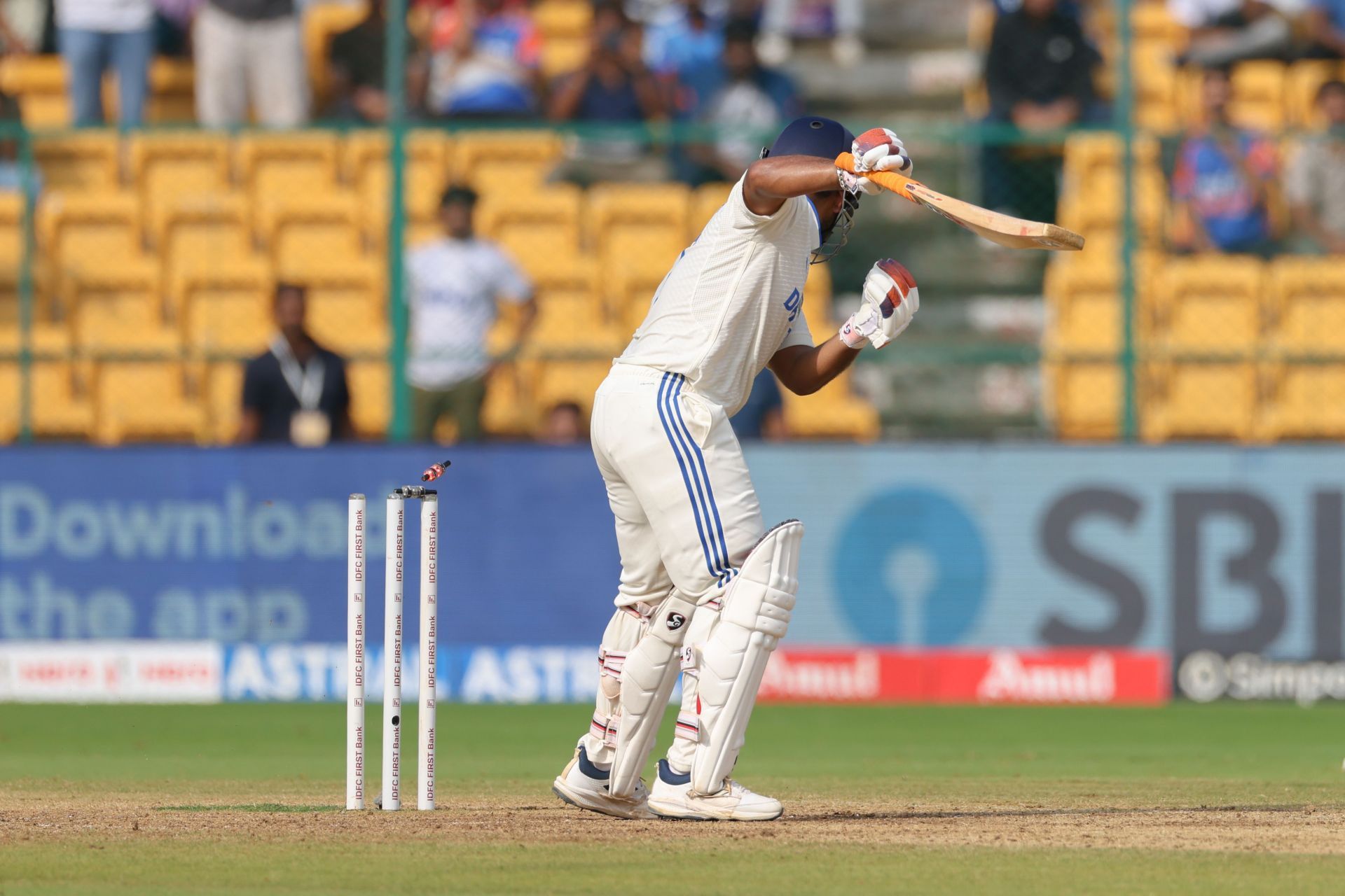 Rishabh Pant inside-edged a William O&#039;Rourke delivery onto his stumps. [P/C: Getty]