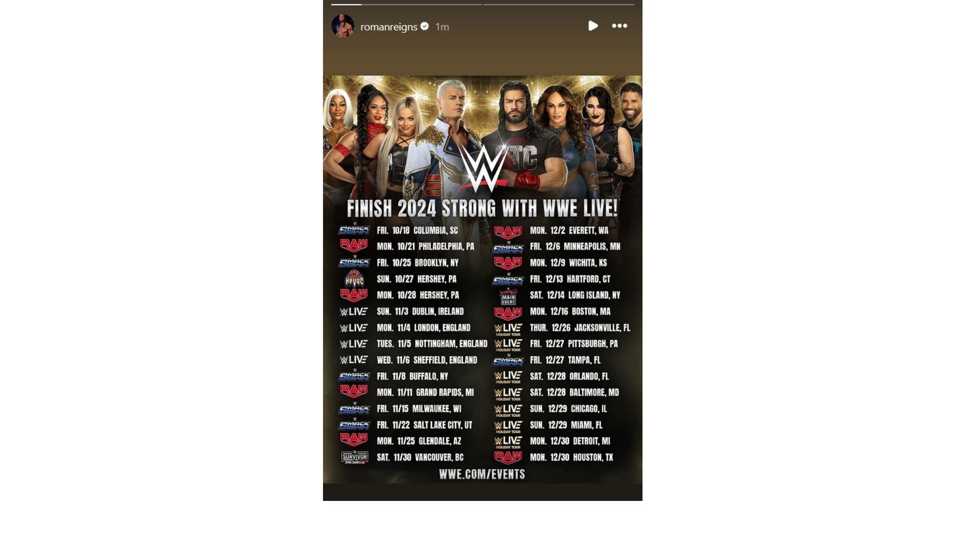 Reigns shares WWE schedule [Photo Credit: Screenshot of Roman Reigns&#039; Instagram story]