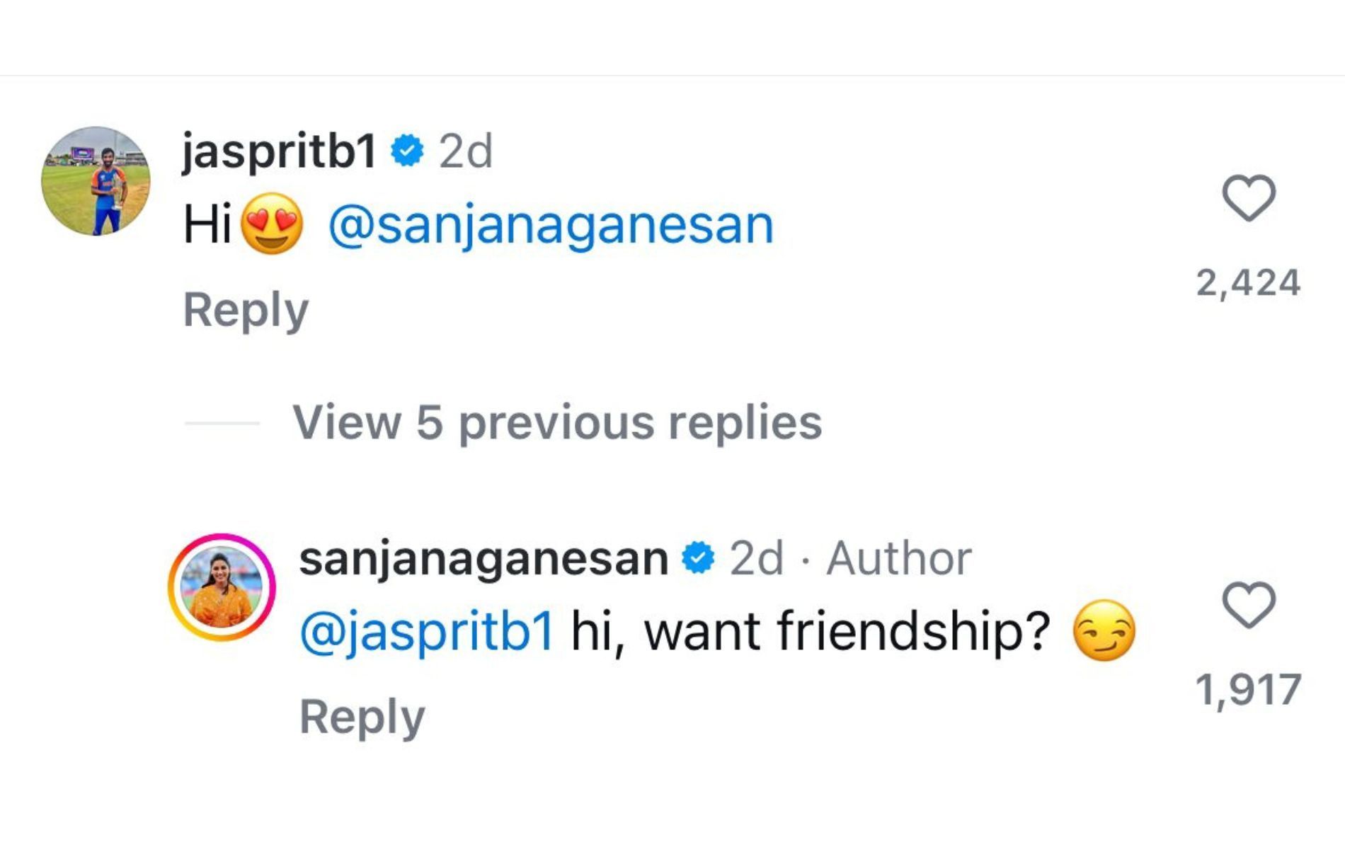 Screenshot of Bumrah and Sanjana&#039;s comments. (Image Credit: Instagram)