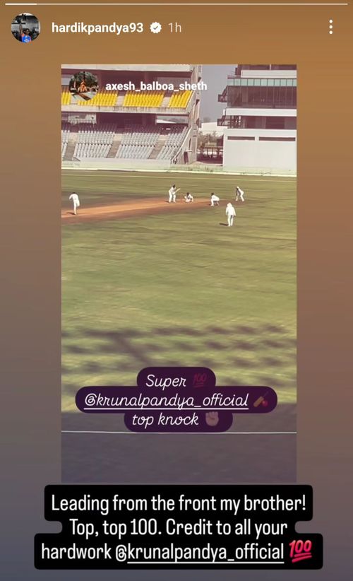 Hardik lauds brother Krunal Pandya for smashing century (Image via Instagram-@hardikpandya93)