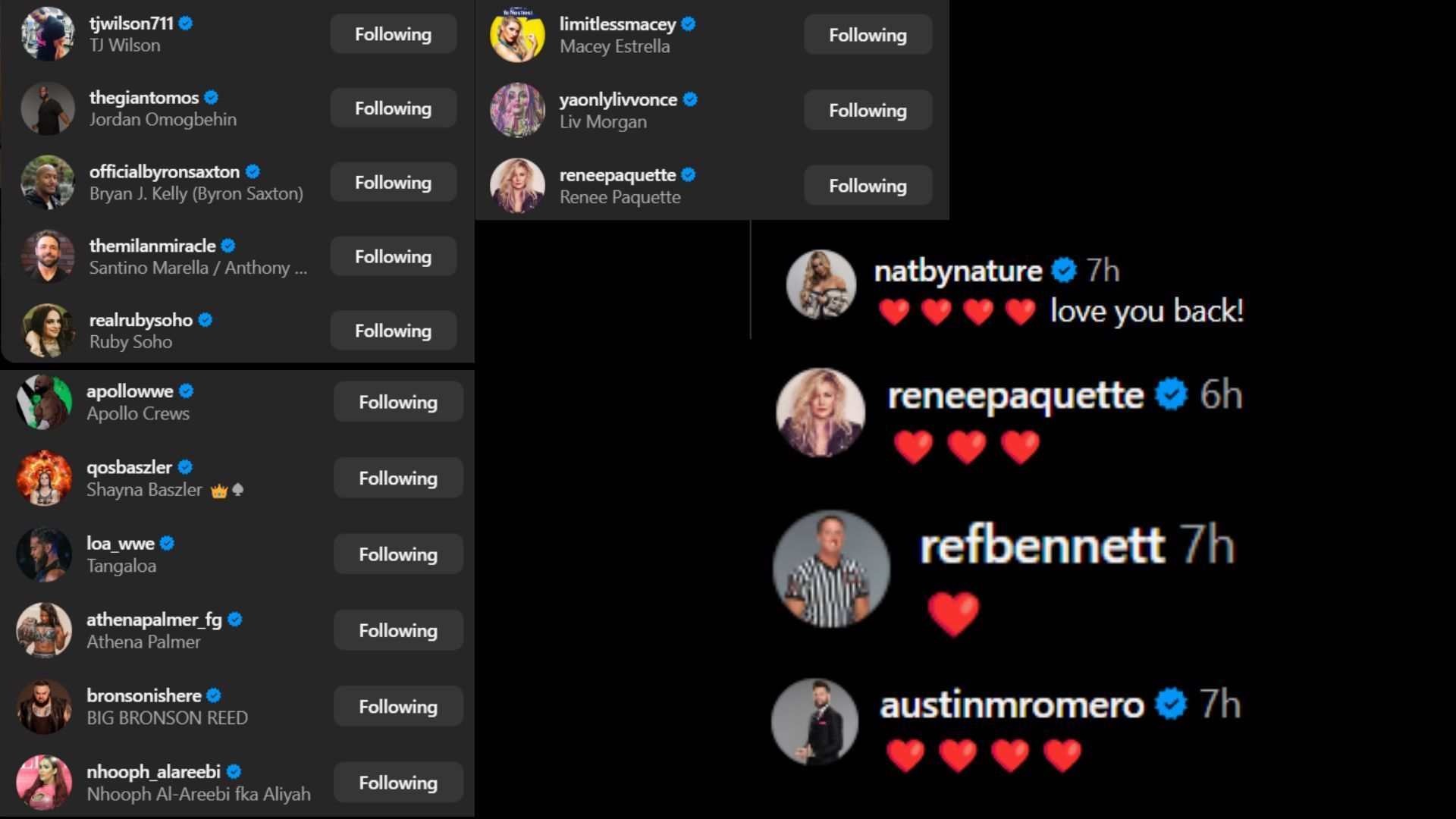 Screenshot of stars&#039; reactions to Tamina&#039;s post [Image credits: Tamina&#039;s Instagram]