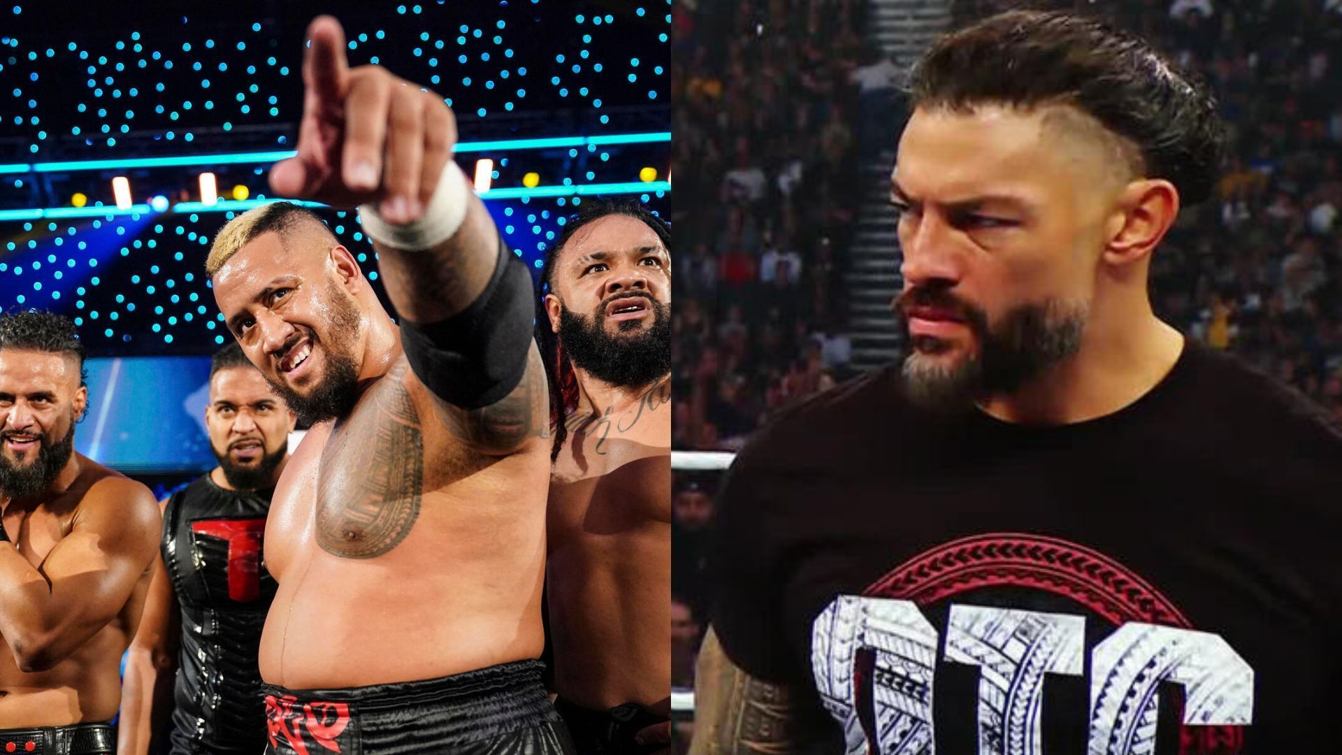 The new Bloodline (left), Roman Reigns (right) (Image Credits: WWE.com)