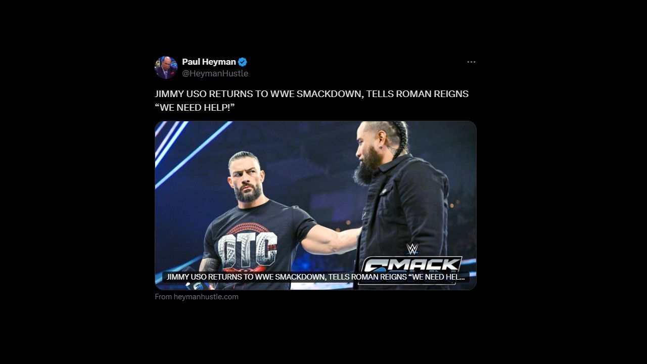 Heyman&#039;s tweet about Jimmy&#039;s request to Reigns on SmackDown (via Twitter)