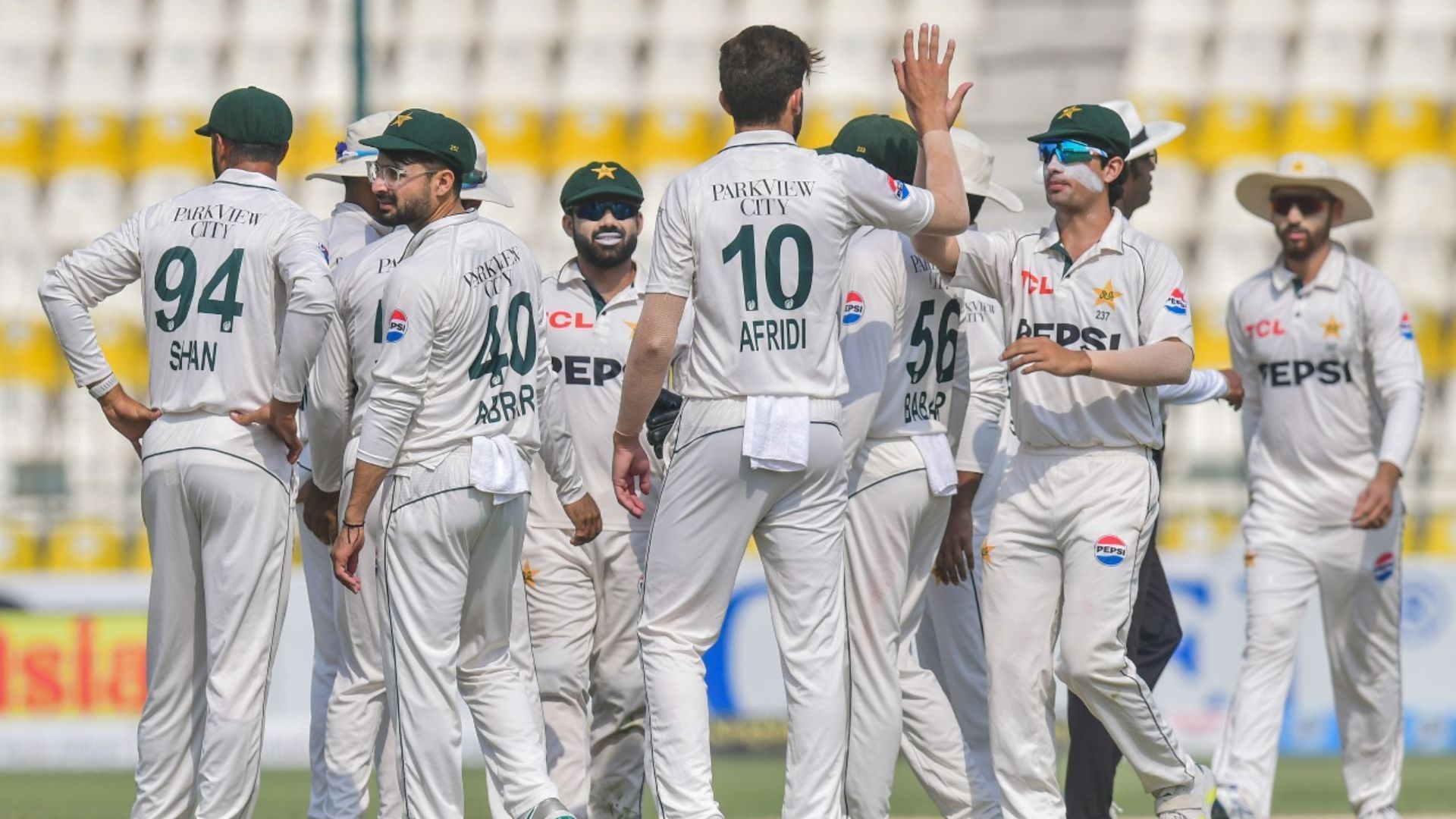 Pakistan celebrate the fall of Zak Crawley&#039;s wicket (Image credits: TheRealPCB on X)