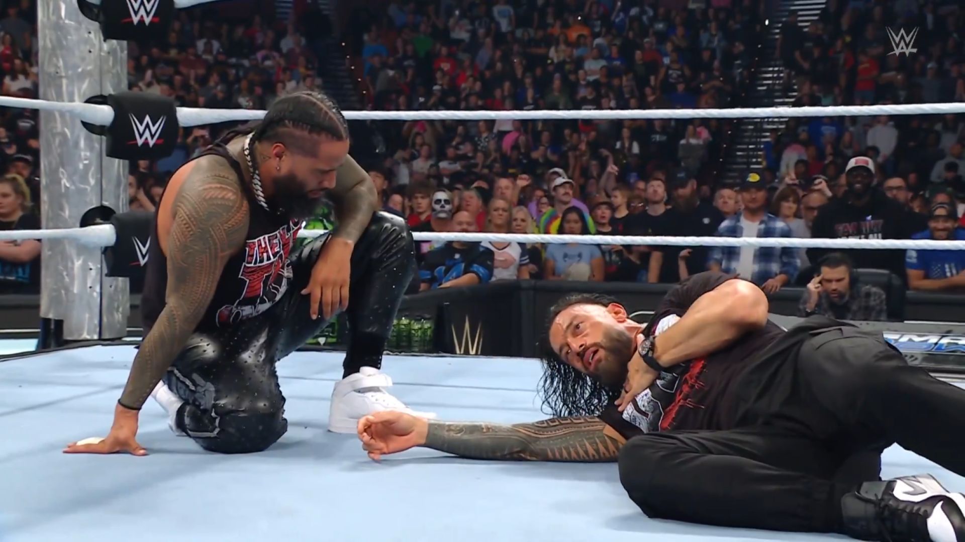 Jimmy Uso and Roman Reigns cannot fend off the new Bloodline without help. (Image Credit: WWE on X).