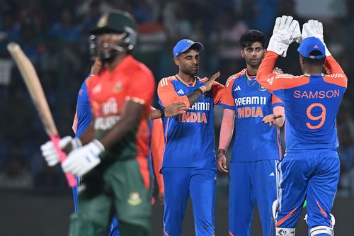 Team India players celebrating the wicket of Jaker Ali (File image via Getty)