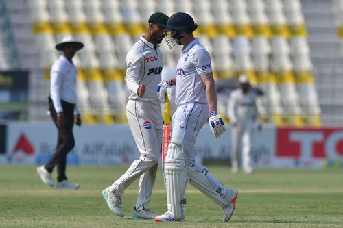 Shan Masood congratulates Harry Brook on his accomplishment. (Credits: PCB Twitter)