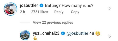 Buttler and Yuzvendra Chahal engage in a social media interaction (Image via Instagram-@yuzi_chahal23)