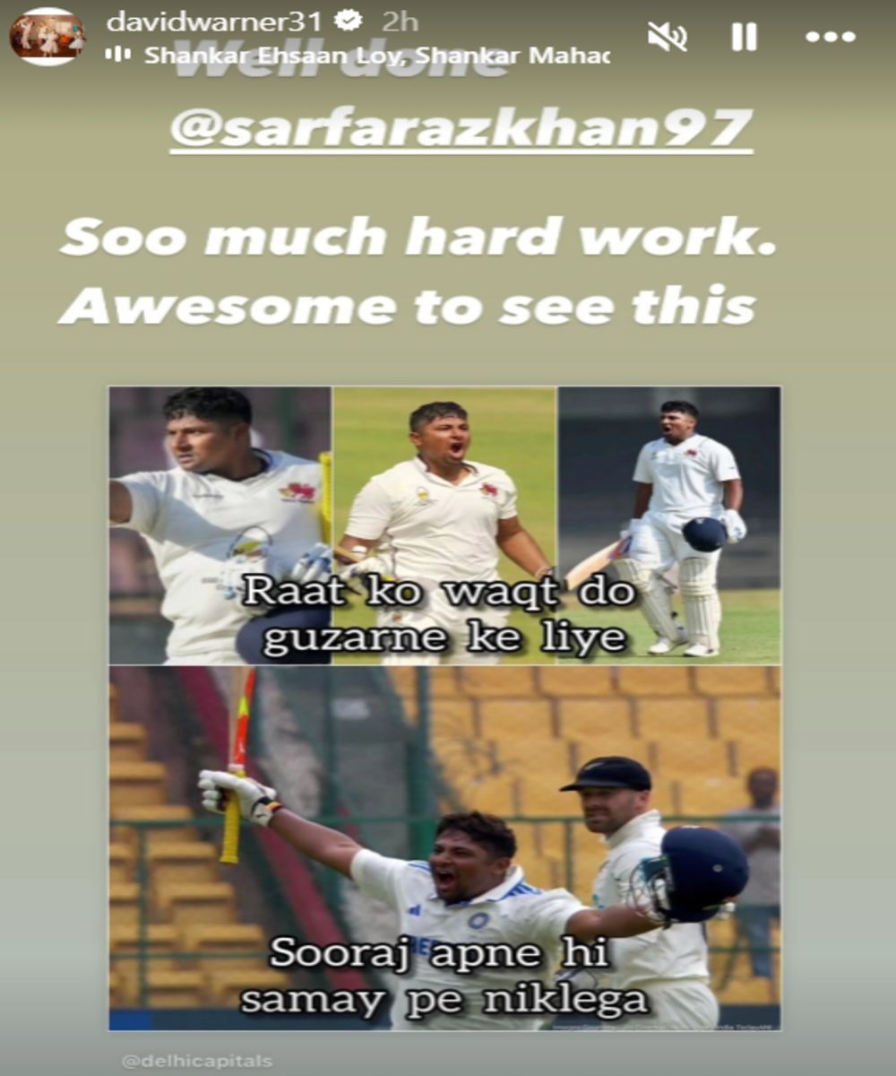 David Warner&#039;s story for Sarfaraz Khan (Image by @davidwarner31 on Instagram)