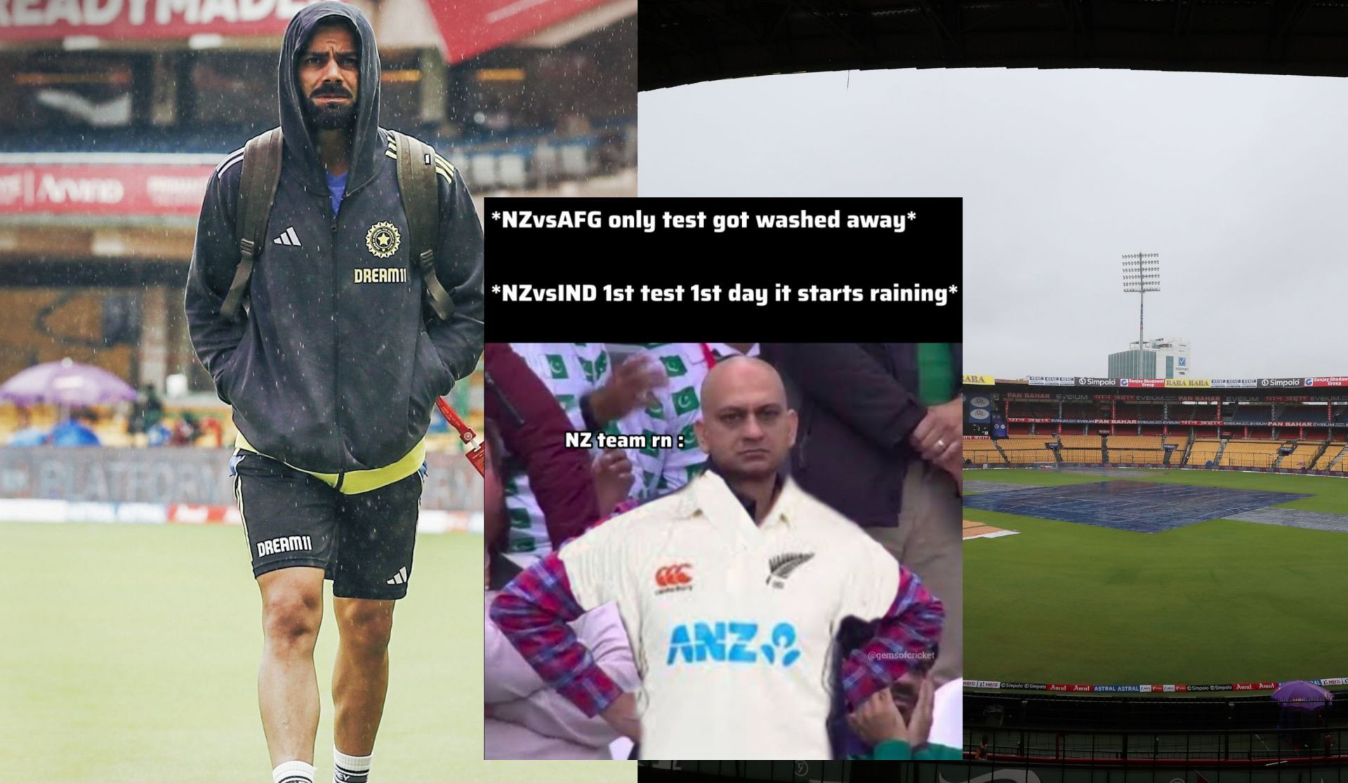 Fans react after rain washed out play on day 1 of 1st IND vs NZ Test. (Image: X - BCCI, @RCBTweets, @GemsOfCricket)