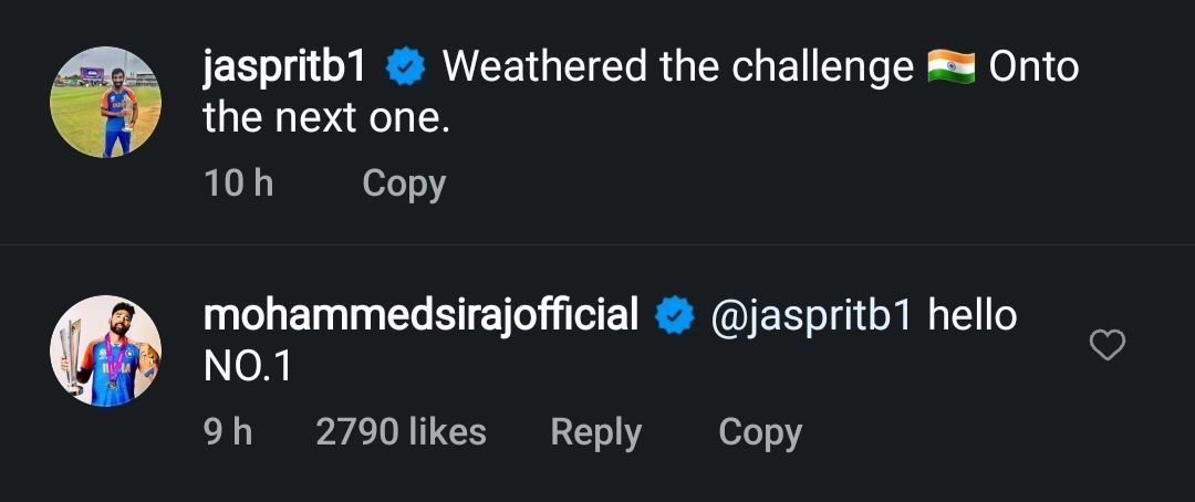 Siraj drops a comment on Jasprit Bumrah&rsquo;s latest Instagram post (Image via Instagram-@jaspritb1)