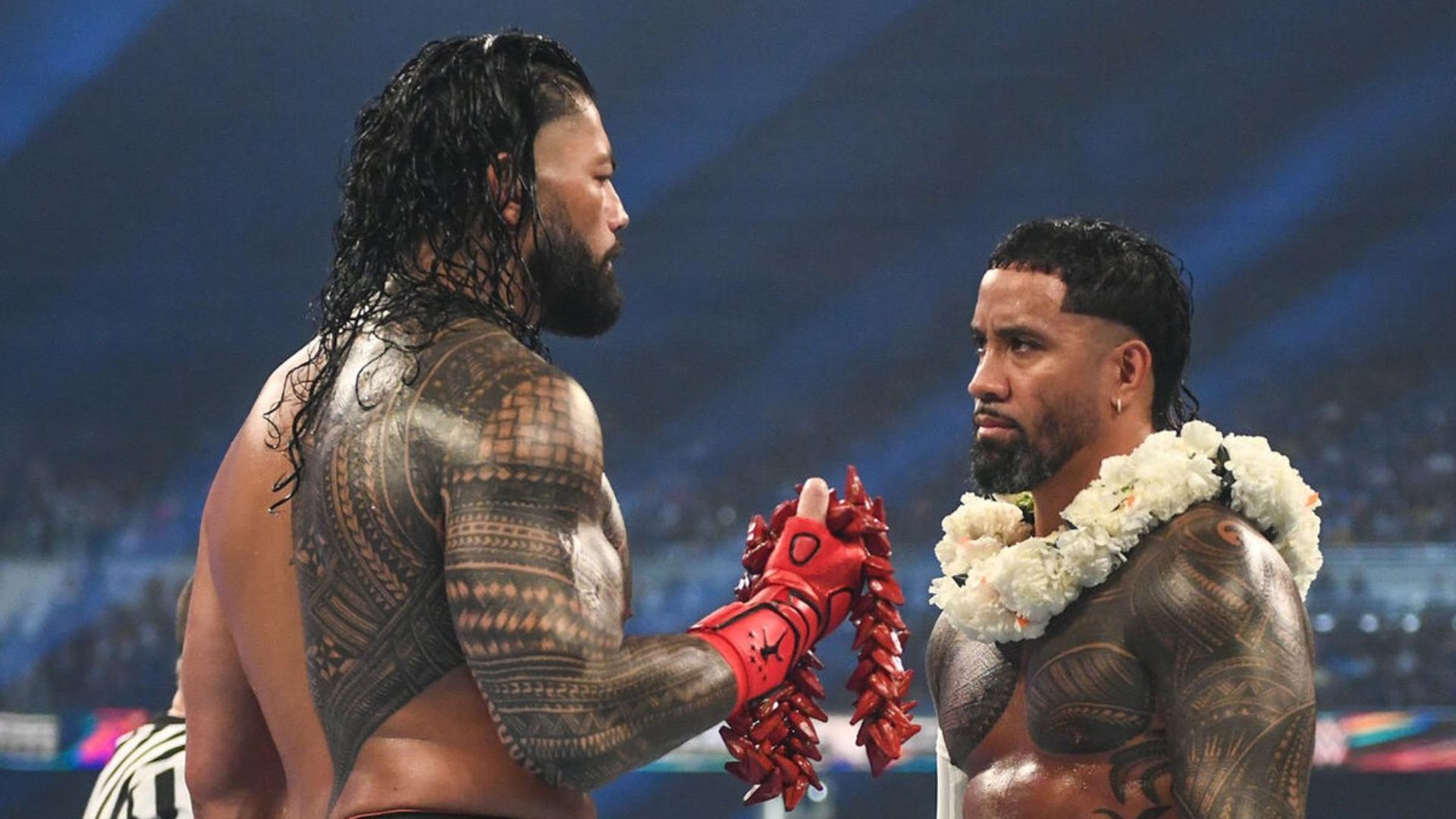 Roman Reigns and Jimmy Uso during their SummerSlam 2023 match [Image via wwe.com]