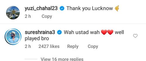 Suresh Raina reacts to Chahal's Instagram post (Image via Instagram-@yuzi_chahal23)