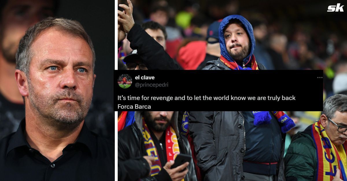 Hansi Flick and Barcelona fans (Images via Getty and X/@princepedri)