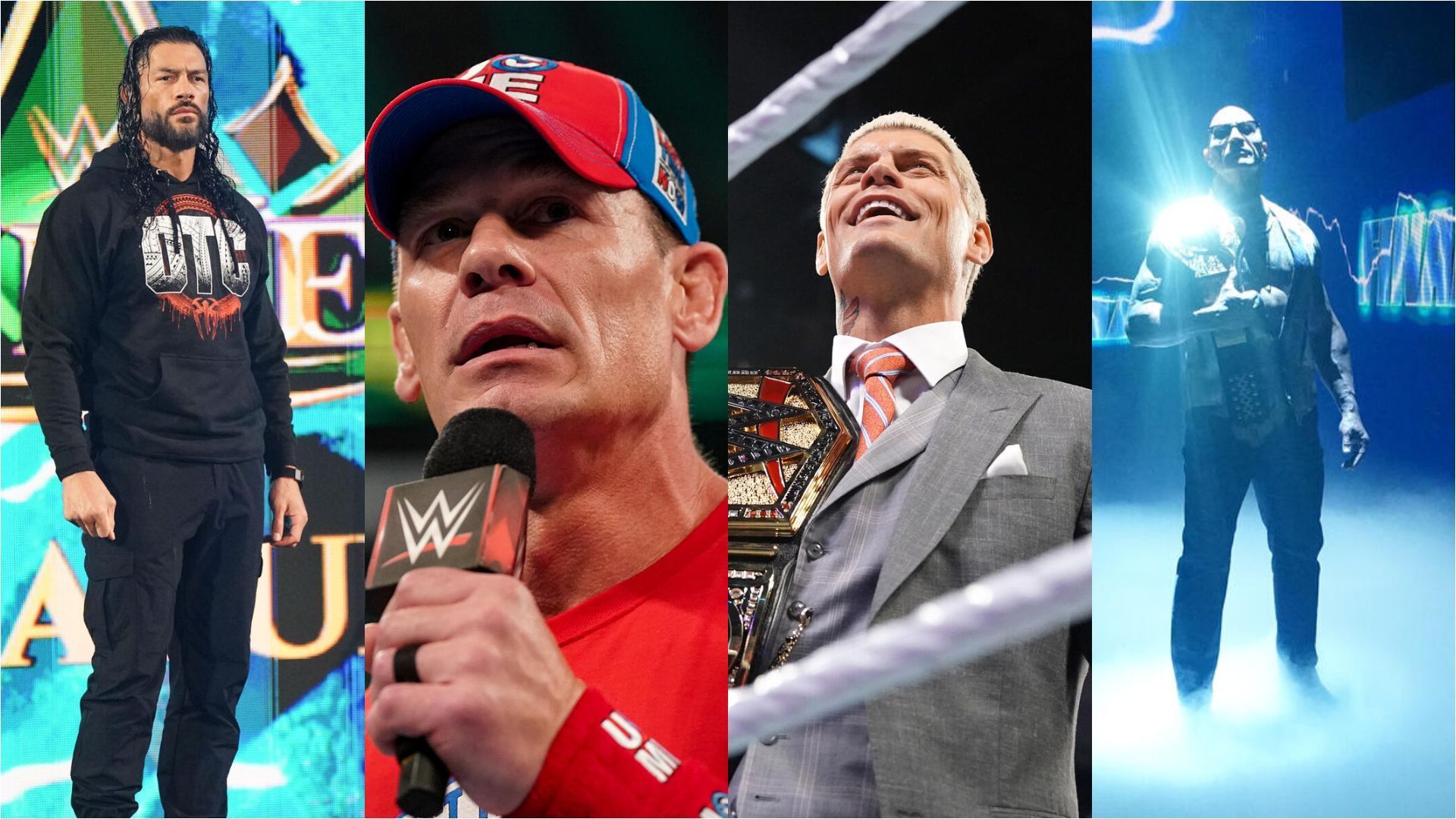 From L-R: Roman Reigns, John Cena, Cody Rhodes, The Rock [Images from WWE.com]