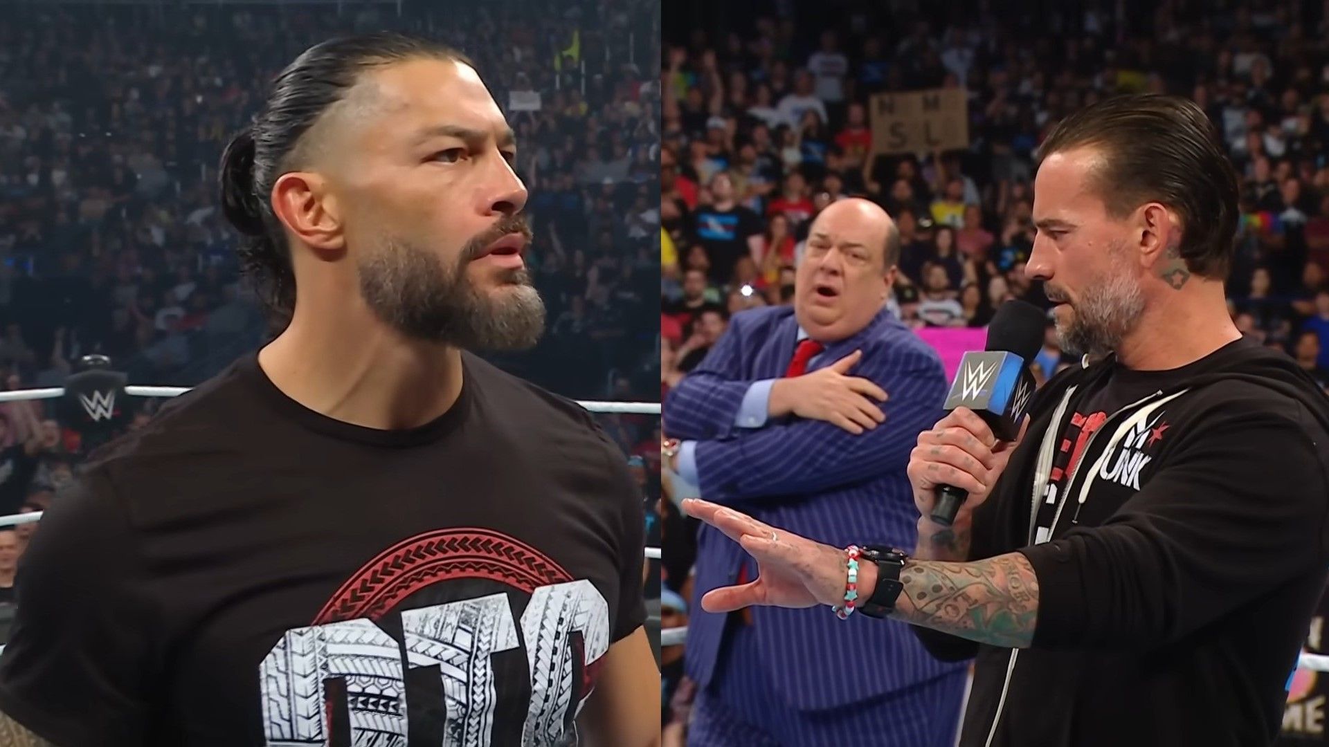 Roman reigns (left) &amp; CM Punk with Paul Heyman (right) [Images via WWE