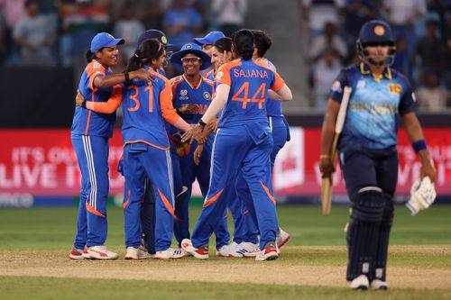 India Women celebrate the wicket of Chamari Athapathuthu as she returns to the pavilion (File image via Getty)