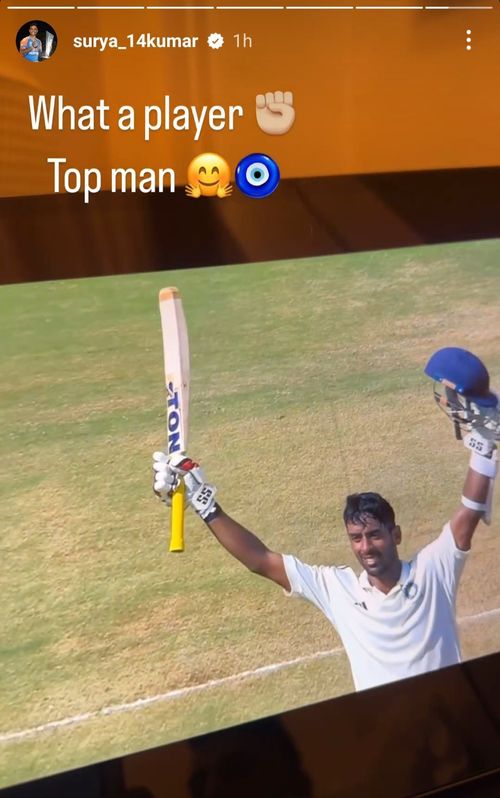 Suryakumar Yadav applauds Abhimanyu Easwaran for scoring his 26th first-class century (Image via Instagram-@surya_14kumar)