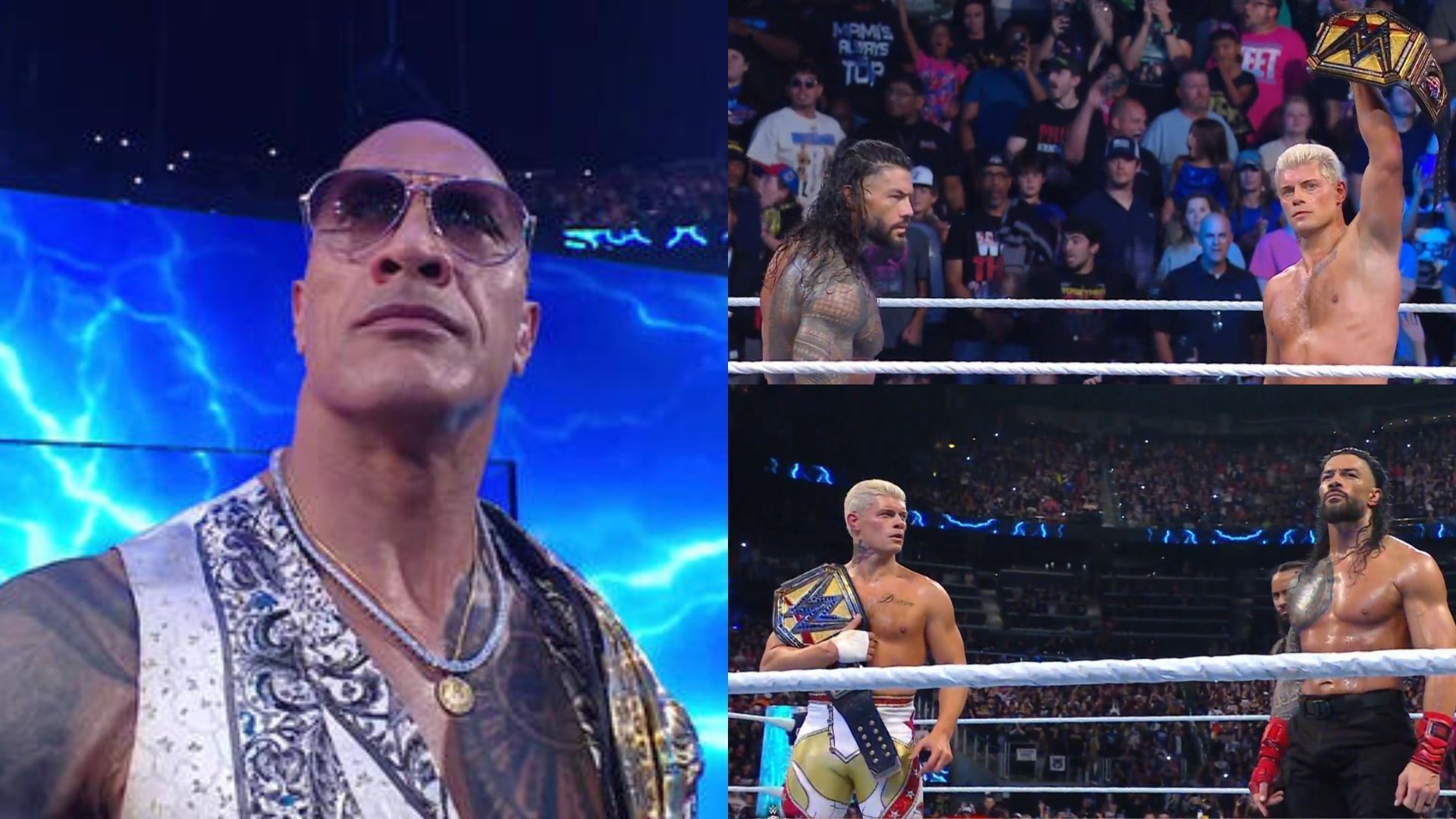 The Rock confronted Roman Reigns and Cody Rhodes at Bad Blood (Image Credits: WWE.com and Sony Liv)