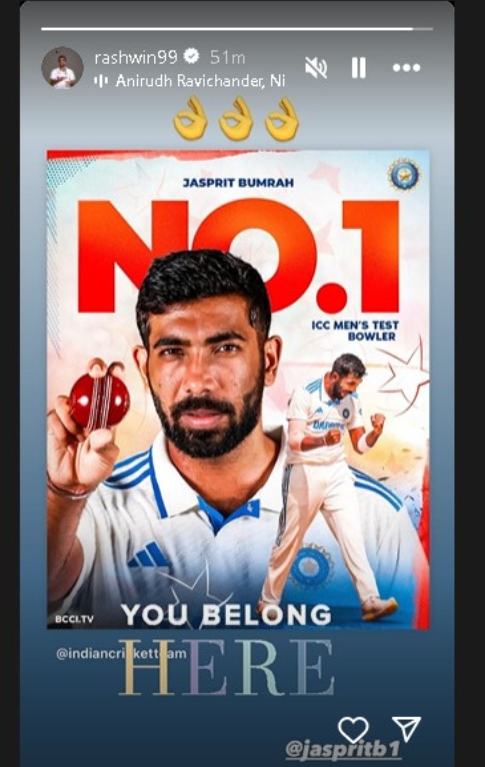 Indian cricketer Ravichandran Ashwin has heaped praise on compatriot Jasprit Bumrah who became the number one ranked Test bowler in the latest ICC Men&#039;s Test rankings (Source- Ravichandran Ashwin official Instagram)